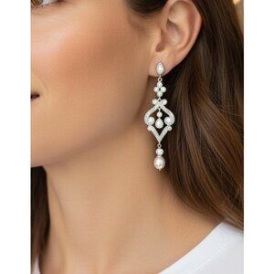 Mariell Bridal CZ Drop Earrings Silver Tone Pearl Dangle Wedding Pageant NWT